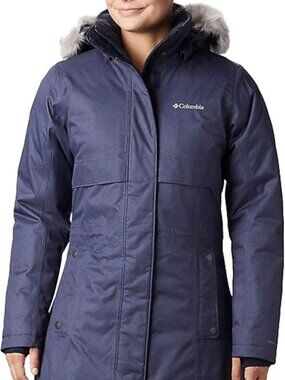 Columbia Long Blue Down Filled Winter Coat with Removable Hood And Faux Fur
